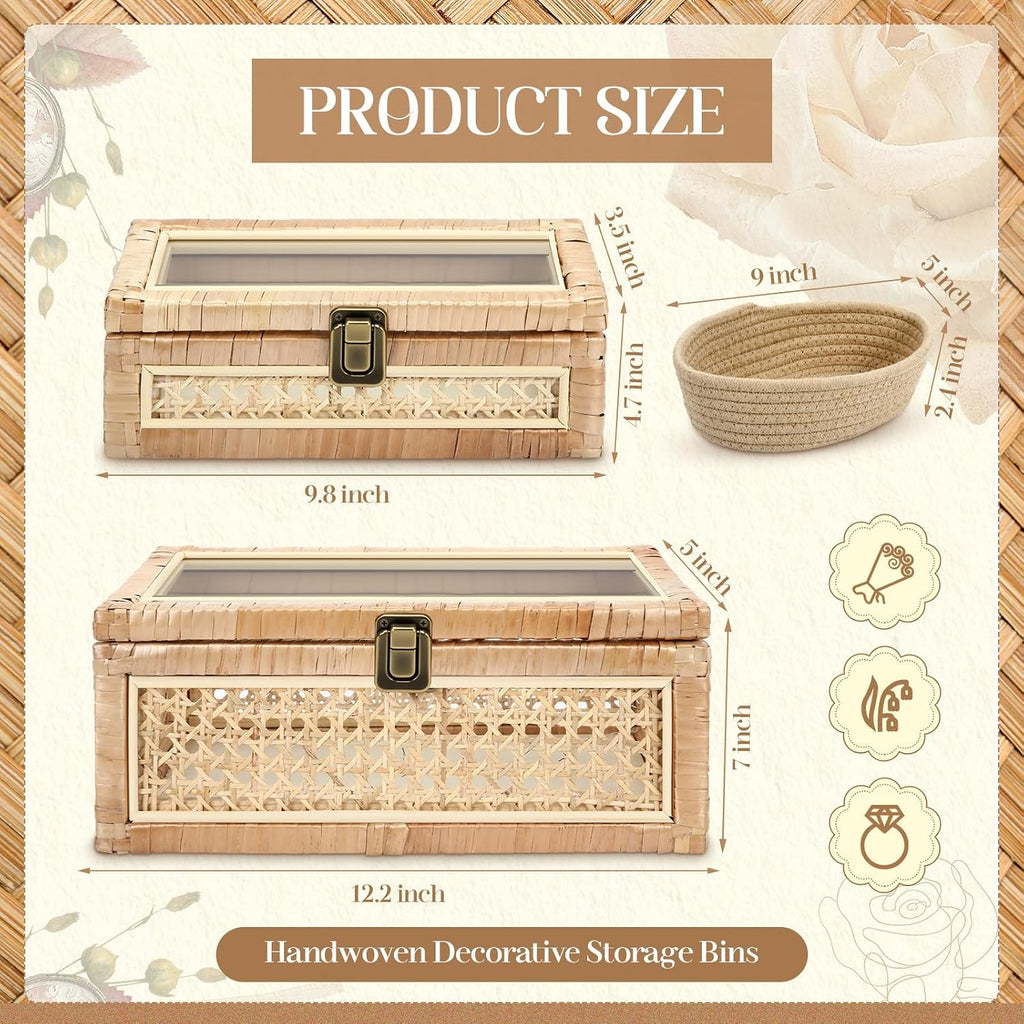 Boho Rattan Decorative Box with Glass Lid - Set of 2