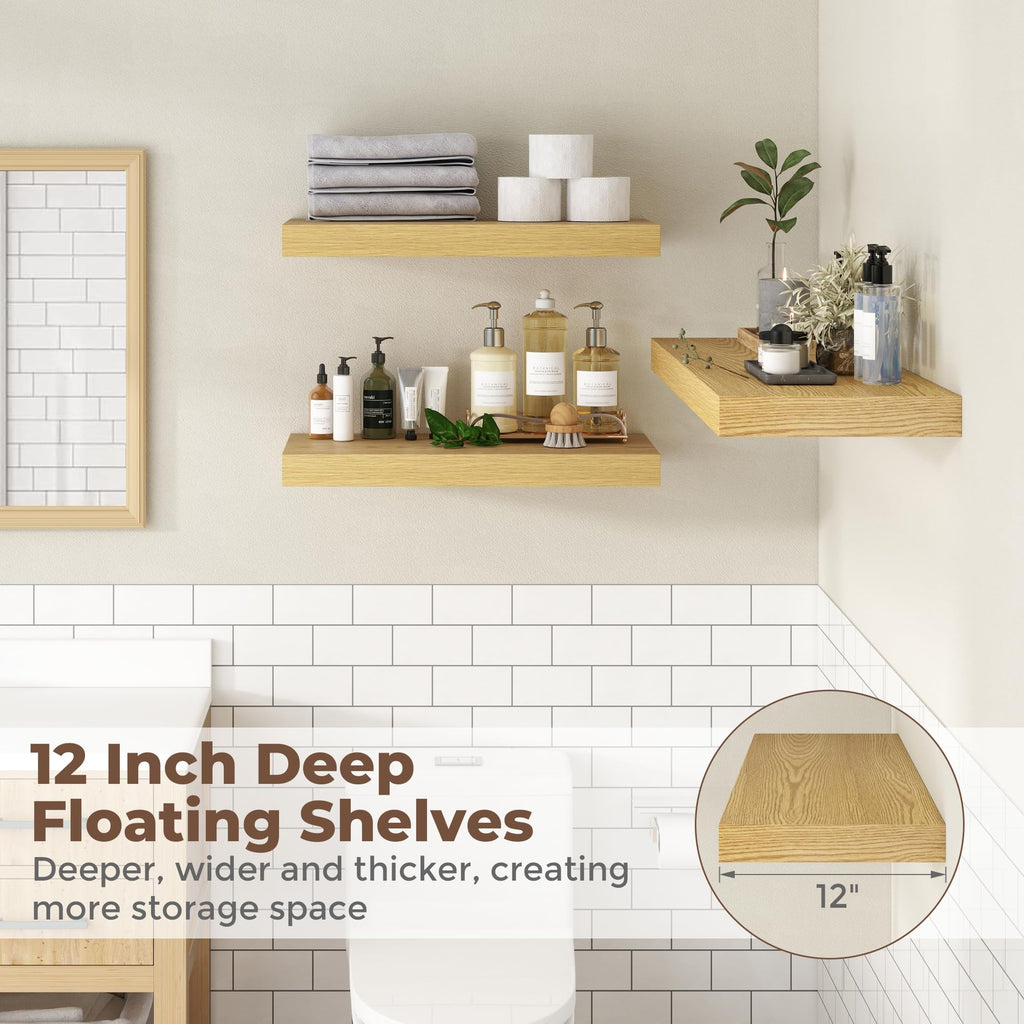 Floating Shelves for Wall, 12 x 16 Floating Shelf for Books, Rustic Wood Deep Storage Wall Shelf with Invisible