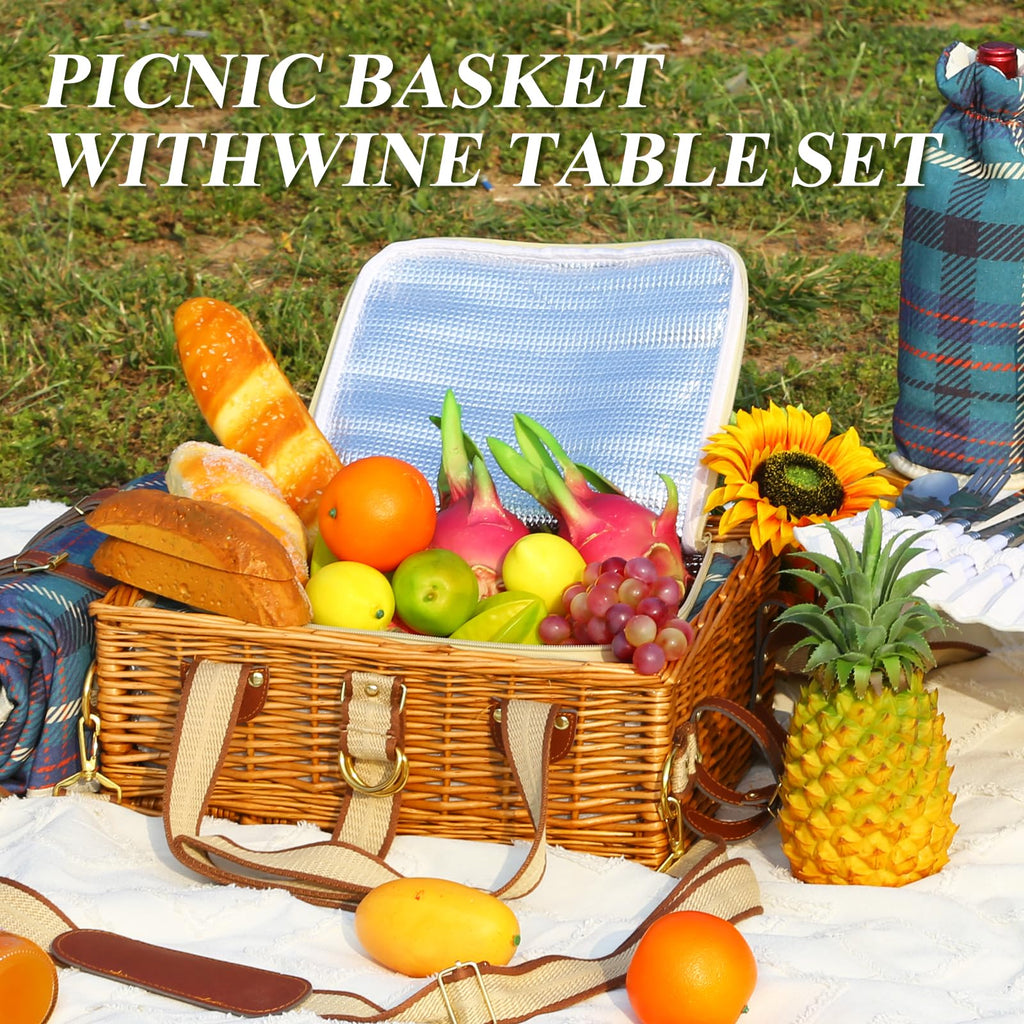Wicker Picnic Basket for 4 with Folding Table & Waterproof Blanket