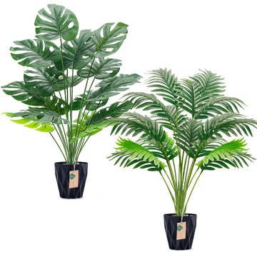 2Pcs 28" Fake Plants, Monstera and Palm Tree in Faceted Black Pots
