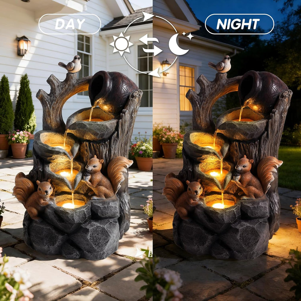Outdoor Water Fountain with LED Lights, 30.1" Squirrel & Tree Stump Cascading Water Feature