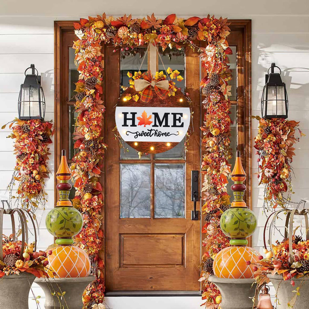 Interchangeable Welcome Sign for Front Door with 4 Seasonal Wreaths, Door Wreaths for Front Door with 12 LED Lights