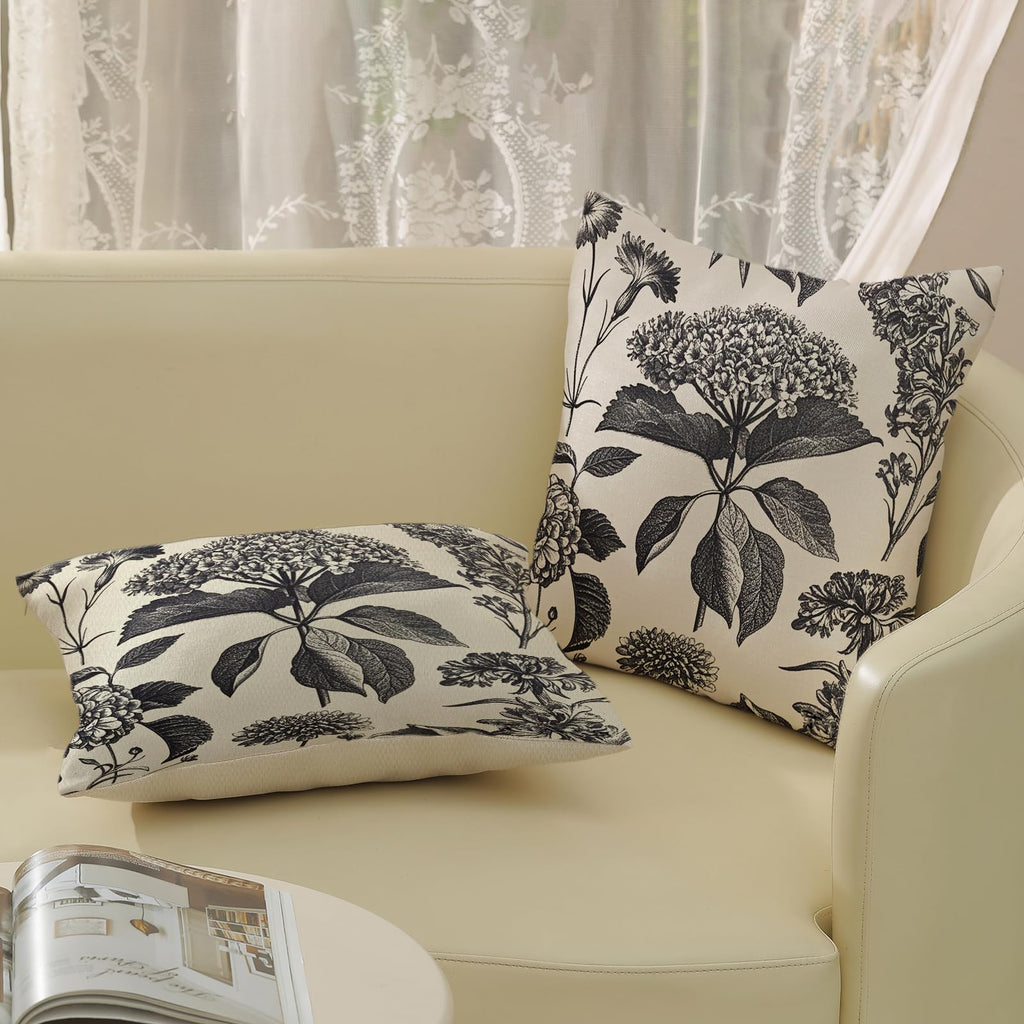 Black Pillow Covers 20x20 Set of 2 Boho Herbs Botanical Floral Hydrangea Throw Pillows Vintage Flower Outdoor