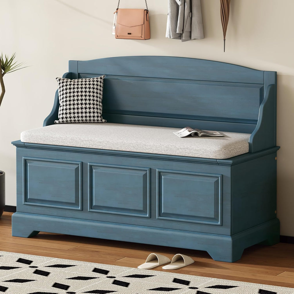 Rustic Entry Storage Bench with Hidden Compartments and Removable Cushion, Wooden Entryway Hallway Foyer Shoe Bench