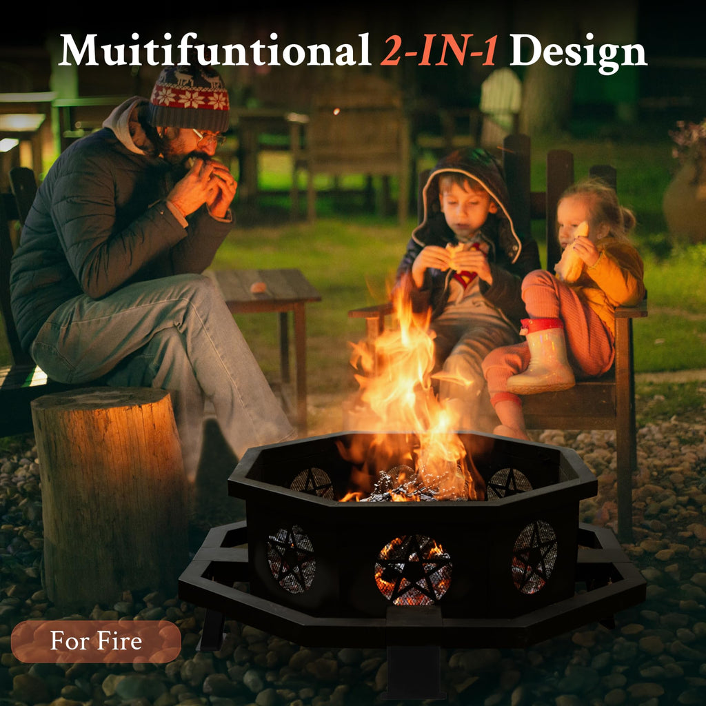 Outdoor 43 Inch Octagonal Fire Pit with Cooking Grill Black
