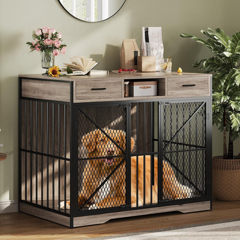 44 Inch Dog Crate Furniture with Drawers and Open Storage, Heavy Duty Indoor Dog Kennel with Double Doors, Furniture