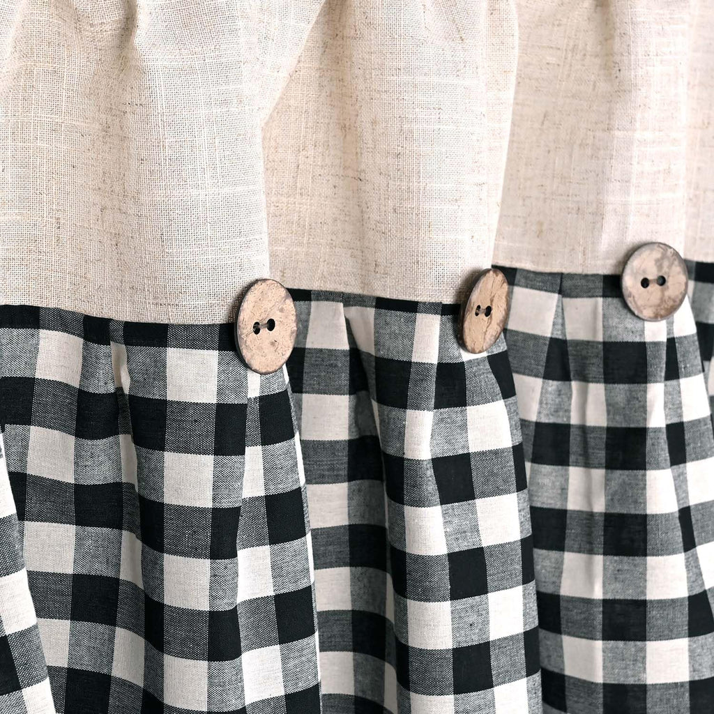 Farmhouse Rustic Linen and Black Plaid Cotton Valance, Buffalo Pleated Design with Coconut Buttons, Multi-Room Window