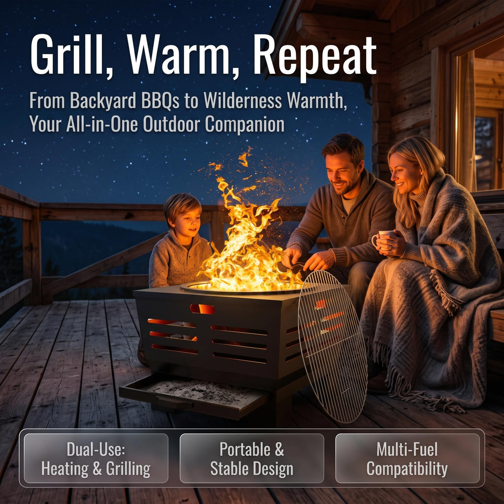 24" Heavy Duty Fire Pit with BBQ Grill, Ash Pan Drawer & Poker