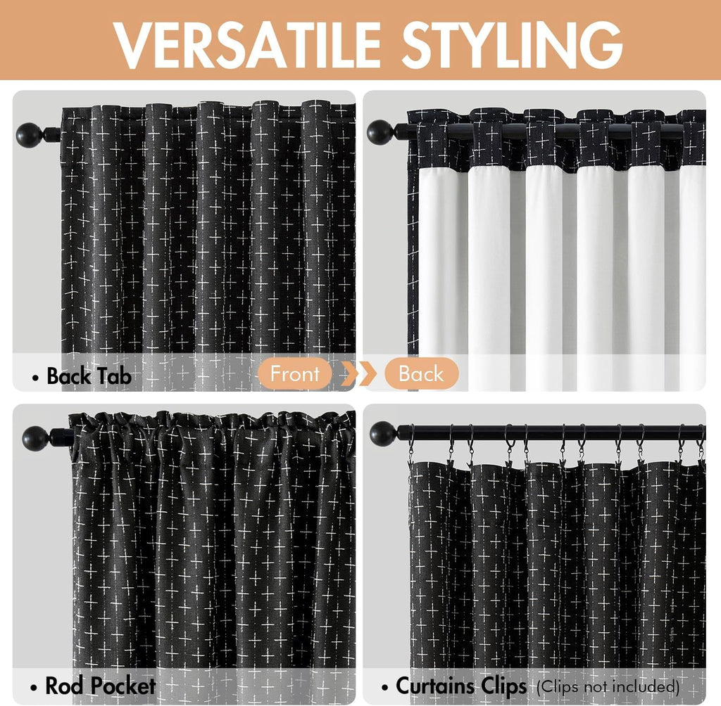 100% Blackout Decorative Linen Curtains with Geometric Pattern, Thick Woven Farmhouse Rustic Patterned Drapes with Back Tab for Bedroom and Living Room, Black, 52 x 84 Inches, 2 Panels