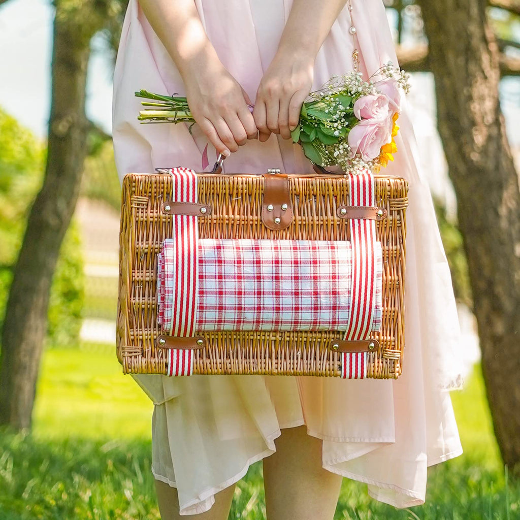 Willow Picnic Basket Set for 2 Persons with Blanket, Red Check