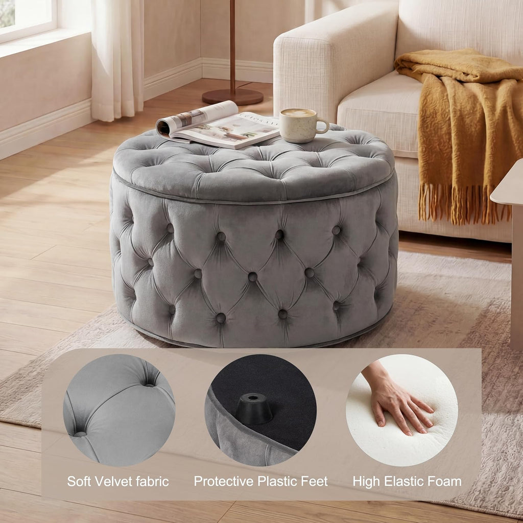 28 Inch Round Storage Ottoman, Velvet Button Tufted Ottoman, Removable Lid Coffee Table, Upholstered Hidden Storage