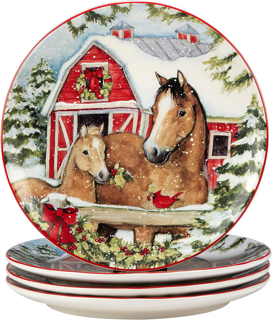 Homestead Christmas Piece Dinnerware Set - Holiday Tableware for 4 with Festive Horse & Barn Scenes - Winter