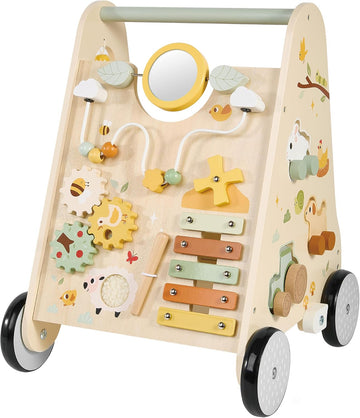 Wooden Baby Push Walker, Baby Walker with Activity Center for Girls Boys, Montessori Sensory Push Toys for Babies