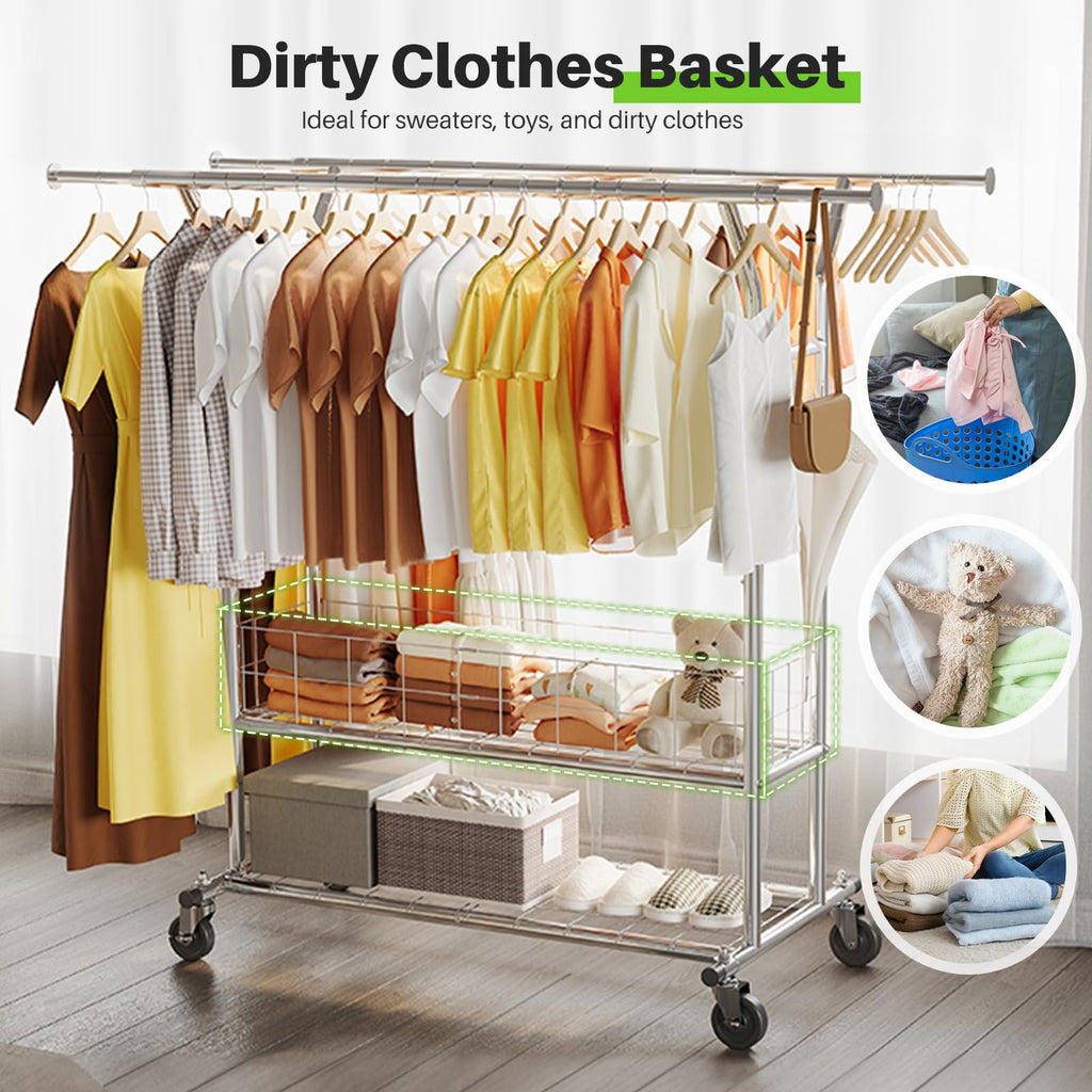 Heavy Duty Clothes Rack Load 635 LBS Height Adjustable Double Rod