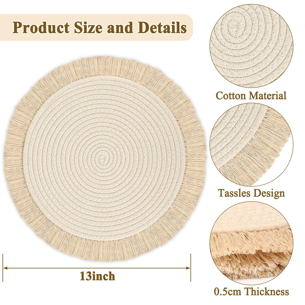 Round Placemats Set of 4 Table Mats 13Inch Washable Cotton Heat Resistant for Dining Table Decor, Farmhouse Thick