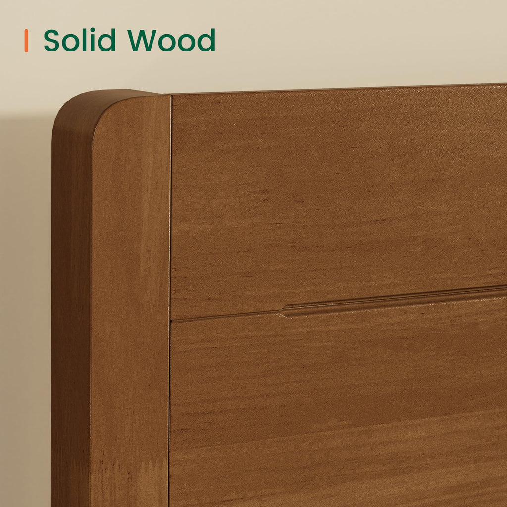 Queen Size Wood Platform Bed Frame with Mid-Century Modern Tall Headboard & Charging Station, Built-in Headboard