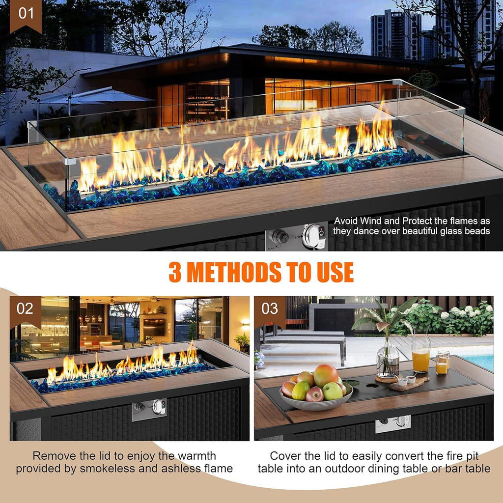 45 inch Propane Fire Pit Table, 50,000 BTU Outdoor Gas Fire Pit Table with Lid, Glass Wind Guard, Waterproof Cover, Rectangle Gas Firepit Table for - Image 3