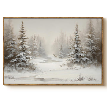 Vintage Snowy Pine Forest with Deer Canvas Wall Art 16x24 Framed