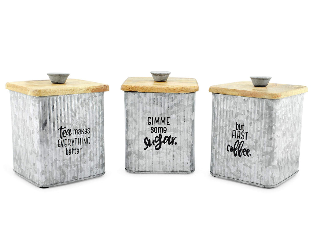 Farmhouse Galvanized Canisters (Set of 3); Storage Containers for Coffee, Tea and Sugar in Galvanized Iron and Wood