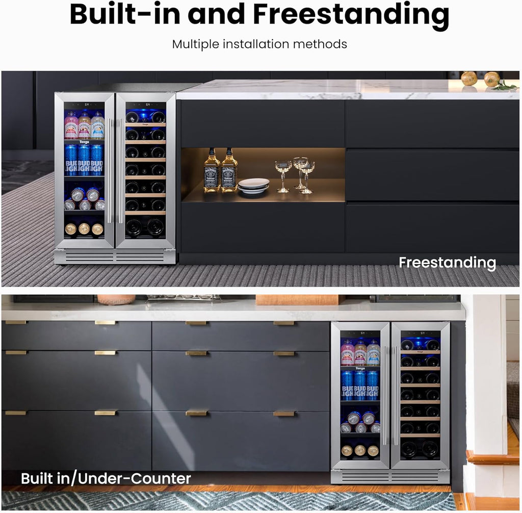 Wine and Beverage Refrigerator - 24 Inch Dual Zone Wine Fridge 60 Can & 20 Bottl