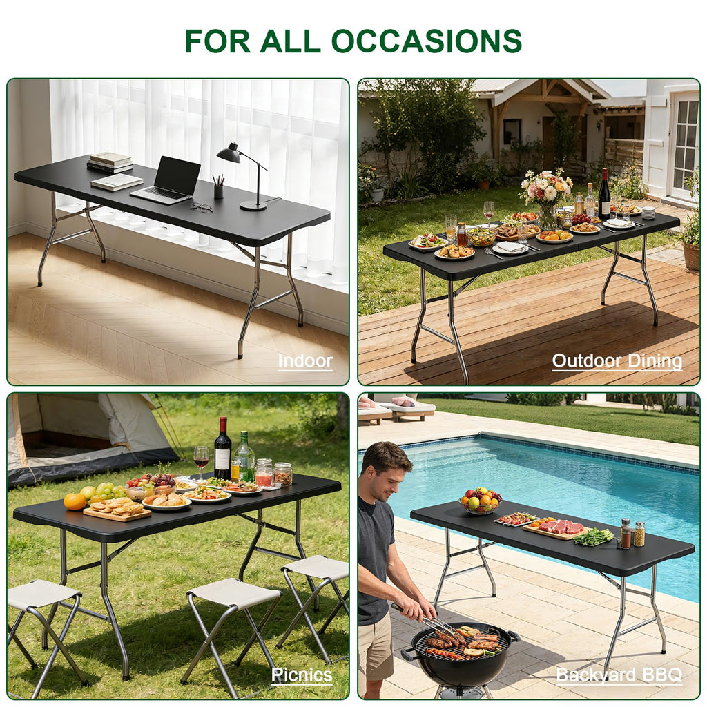 6FT Black Folding Table for Camping, Parties, Meeting, Picnic