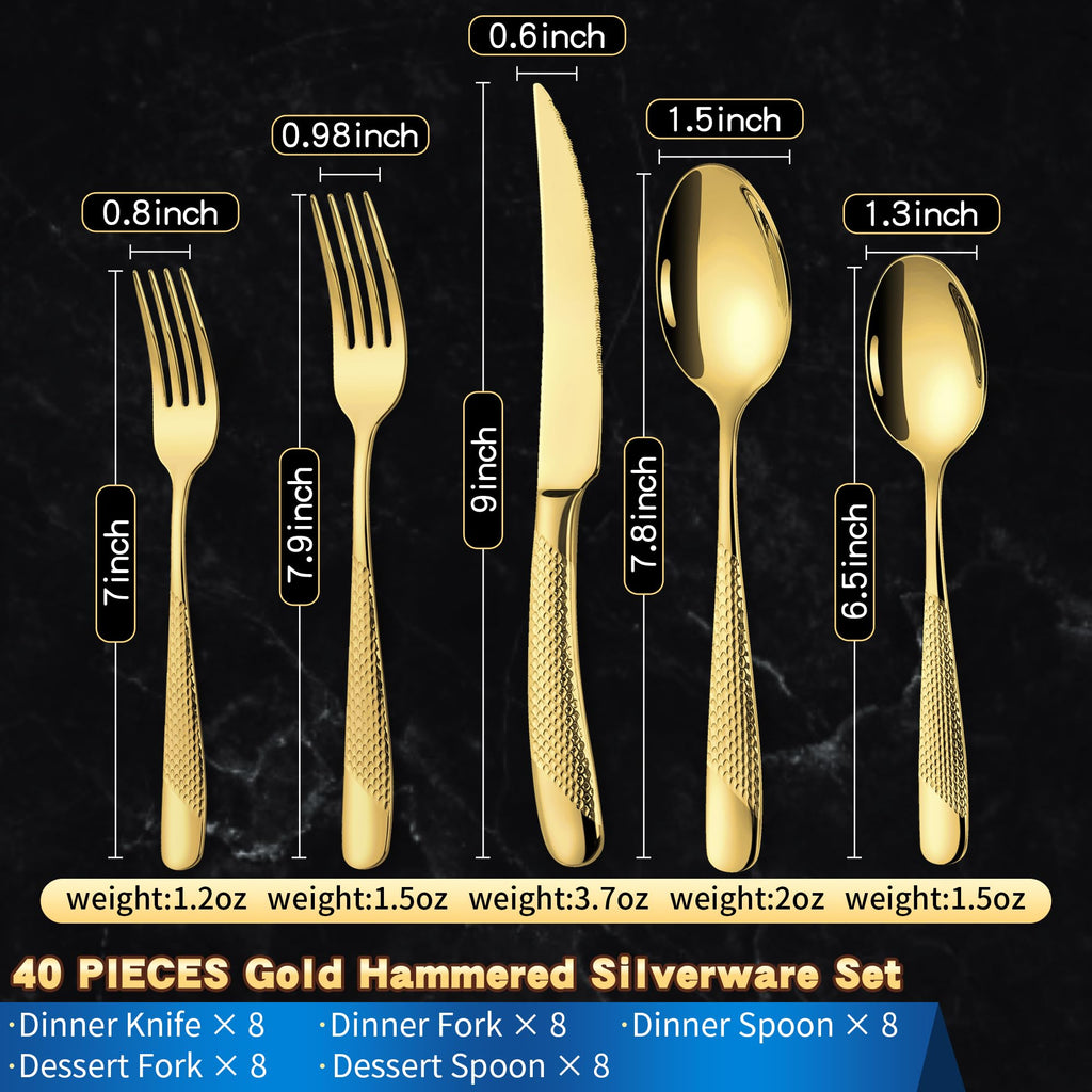 Hammered Gold Silverware Set for 8,18/10 Stainless Steel Flatware Set with Serrated Forged Knives,Heavy Duty