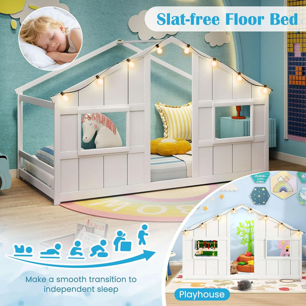 Twin Kids House Bed with Light Bulbs, Wooden Montessori Floor Bed Frame with Roof & Windows, Twin Floor Bed for Kids