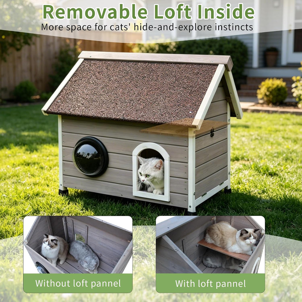 Outdoor Cat House with Escape Door, Wooden Elevated Outside Cat House