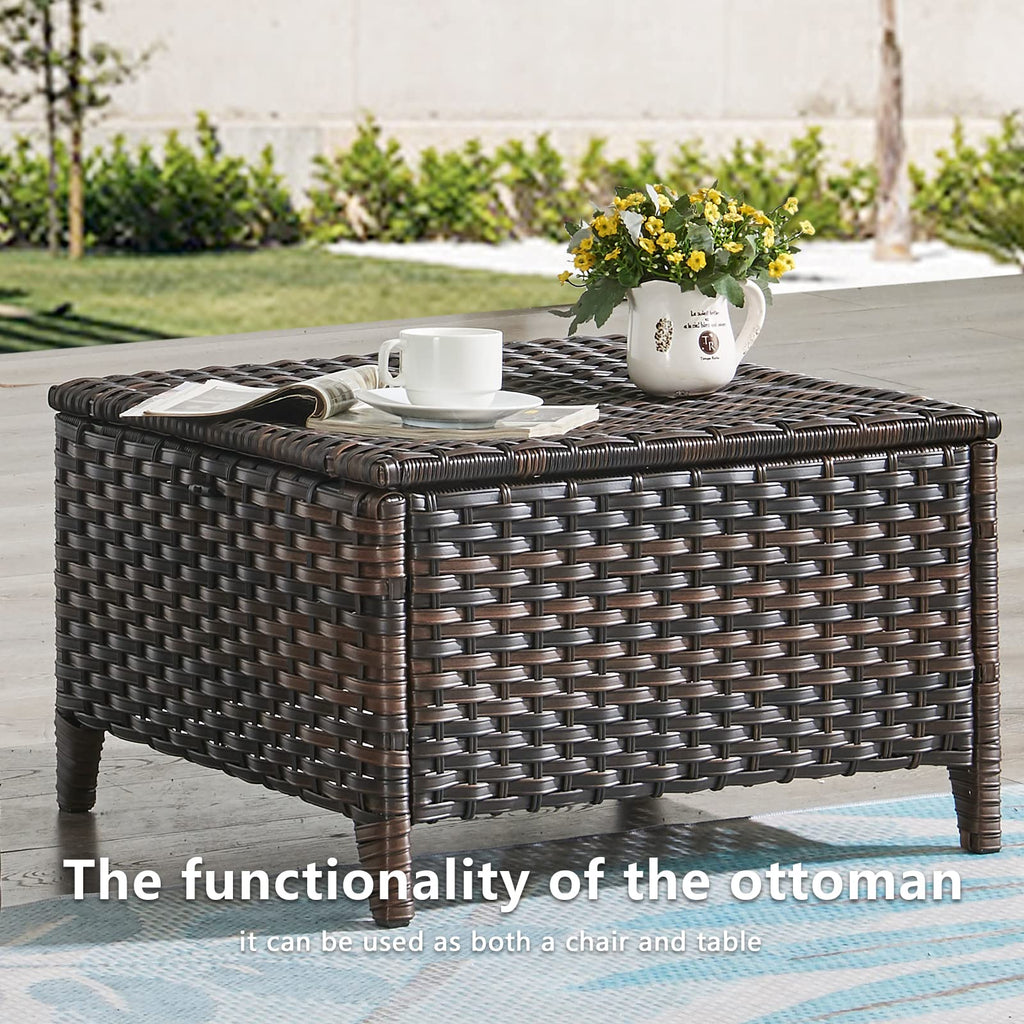 Luxury Outdoor Wicker Patio Ottomans Set of 2, 250 lbs Capacity Rattan Large Ottomans Footrest Set 22.8in*22.8in*14in