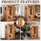1 Person Infrared Dry Sauna for Home, Low EMF Indoor Sauna Box, Premium Wood Build with 960W Carbon Panels