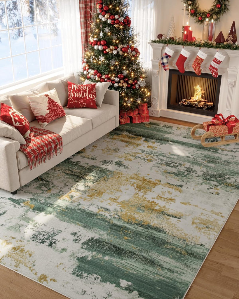 Washable Area Rug for Living Room, 8x10 Non Slip Modern Abstract Green Rugs, Easy Clearning Low Pile Large Carpet for