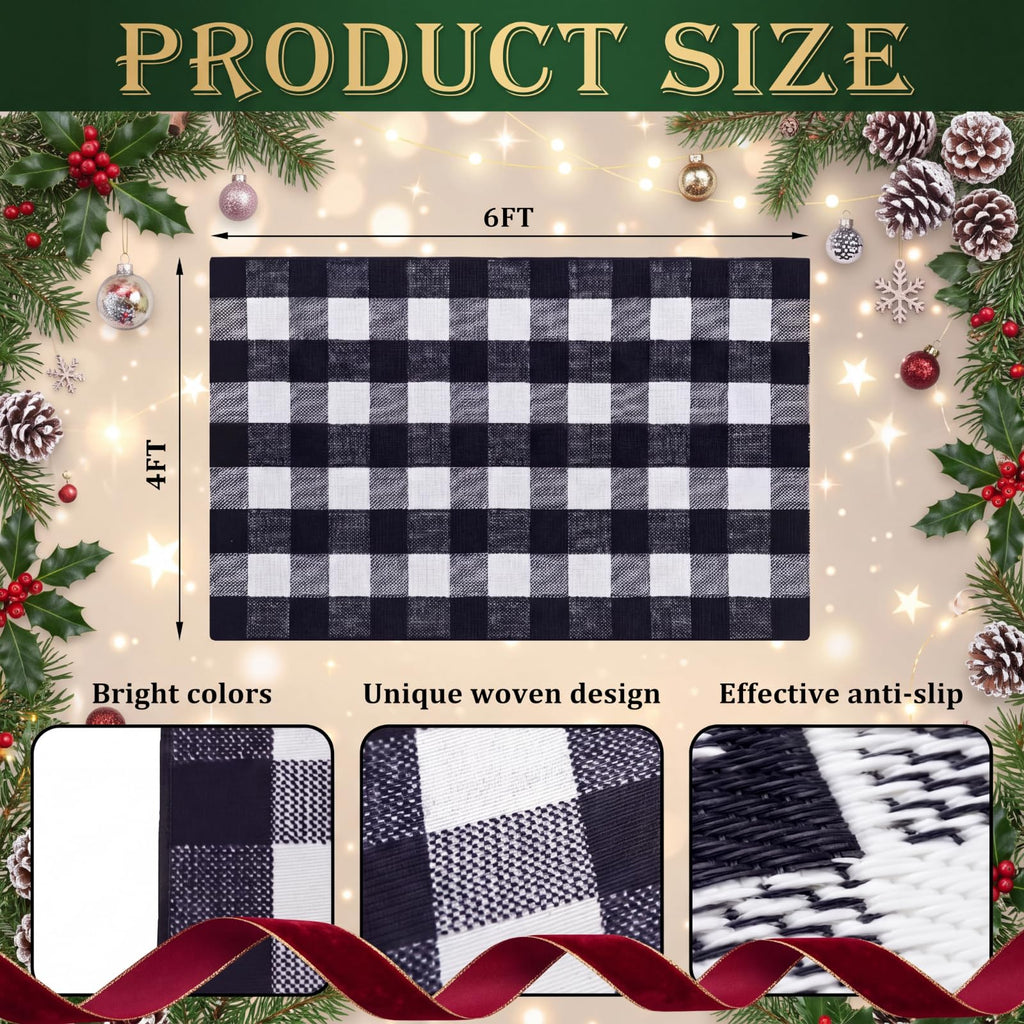 4' x 6' Christmas Outdoor Rug, Plaid Buffalo, Black and White
