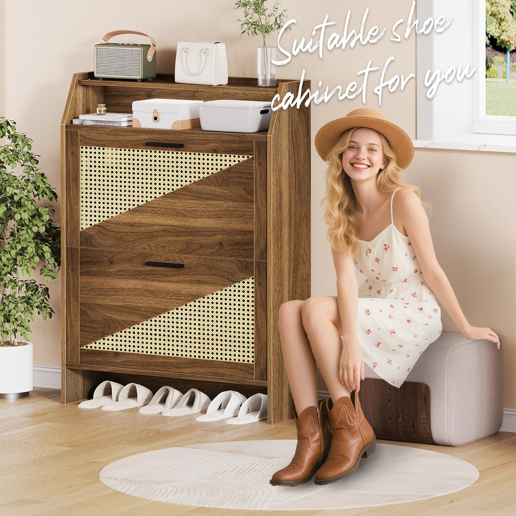 Rattan Shoe Storage Cabinet with 2 Flip Drawers, Wooden Shoe Cabinet with Adjustable Shelf, Narrow Shoe Rack