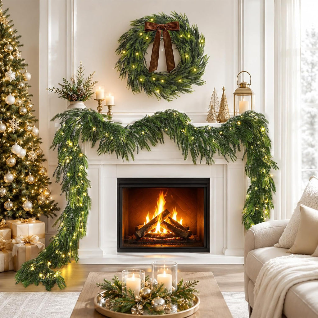 15FT Christmas Norfolk Pine Pre-Lit Garland with 125 LED Lights Real Touch Prelit Garland Christmas Greenery Garland