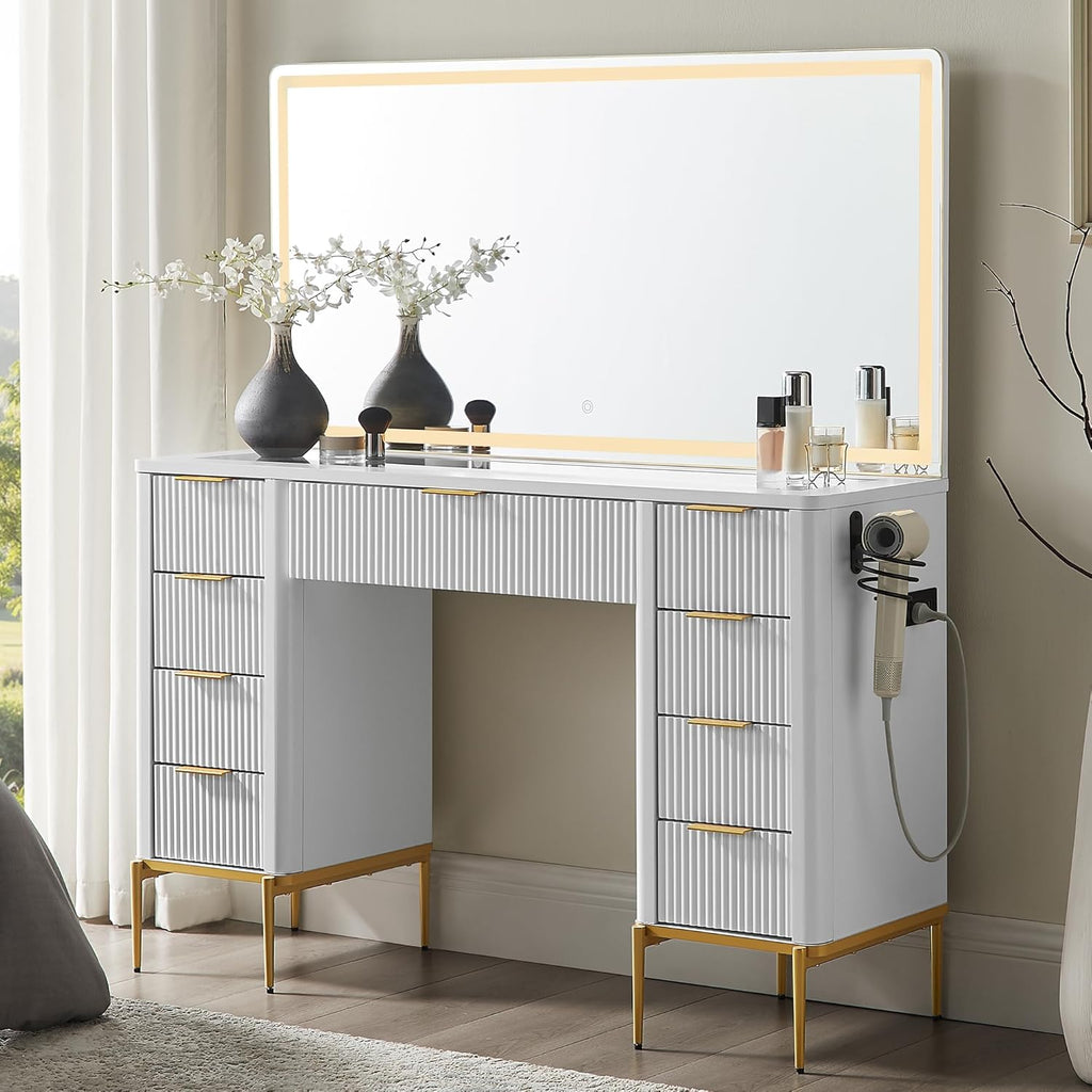 48" Fluted Makeup Vanity Desk with 48" Large Mirror and HD LED Lights, Modern Vanity Table with 9 Drawers & Charging