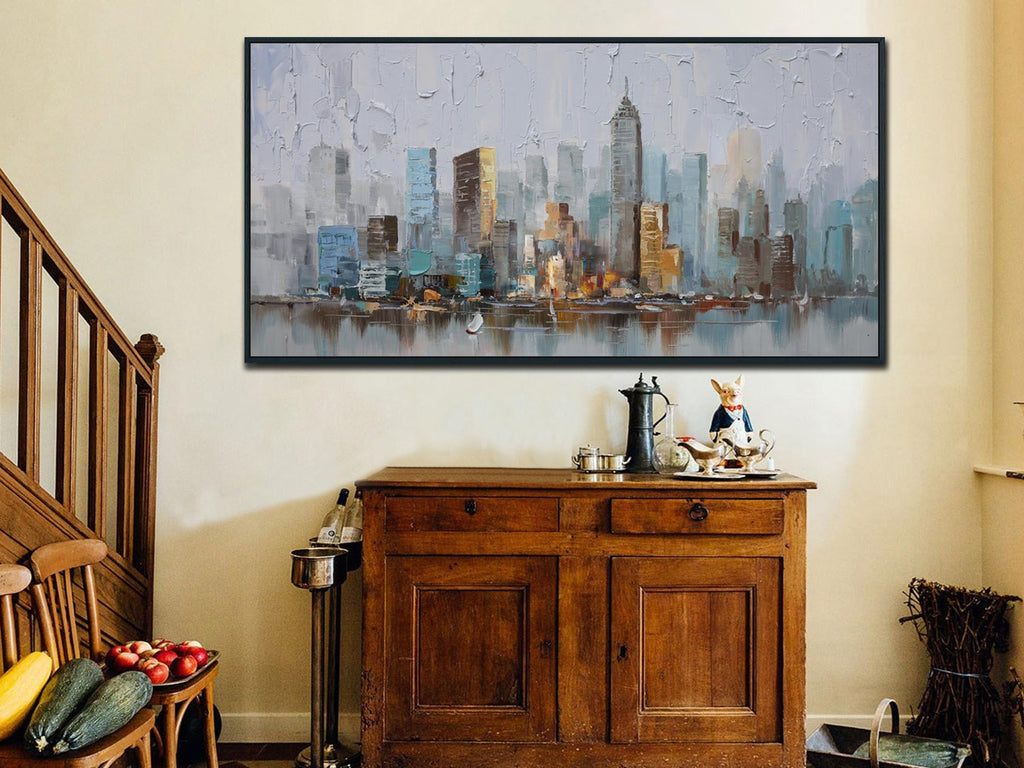 NYC City Canvas Wall, New York City Painting Abstract Modern Skyline Grey Picture Large Size Artwork Hallway Home