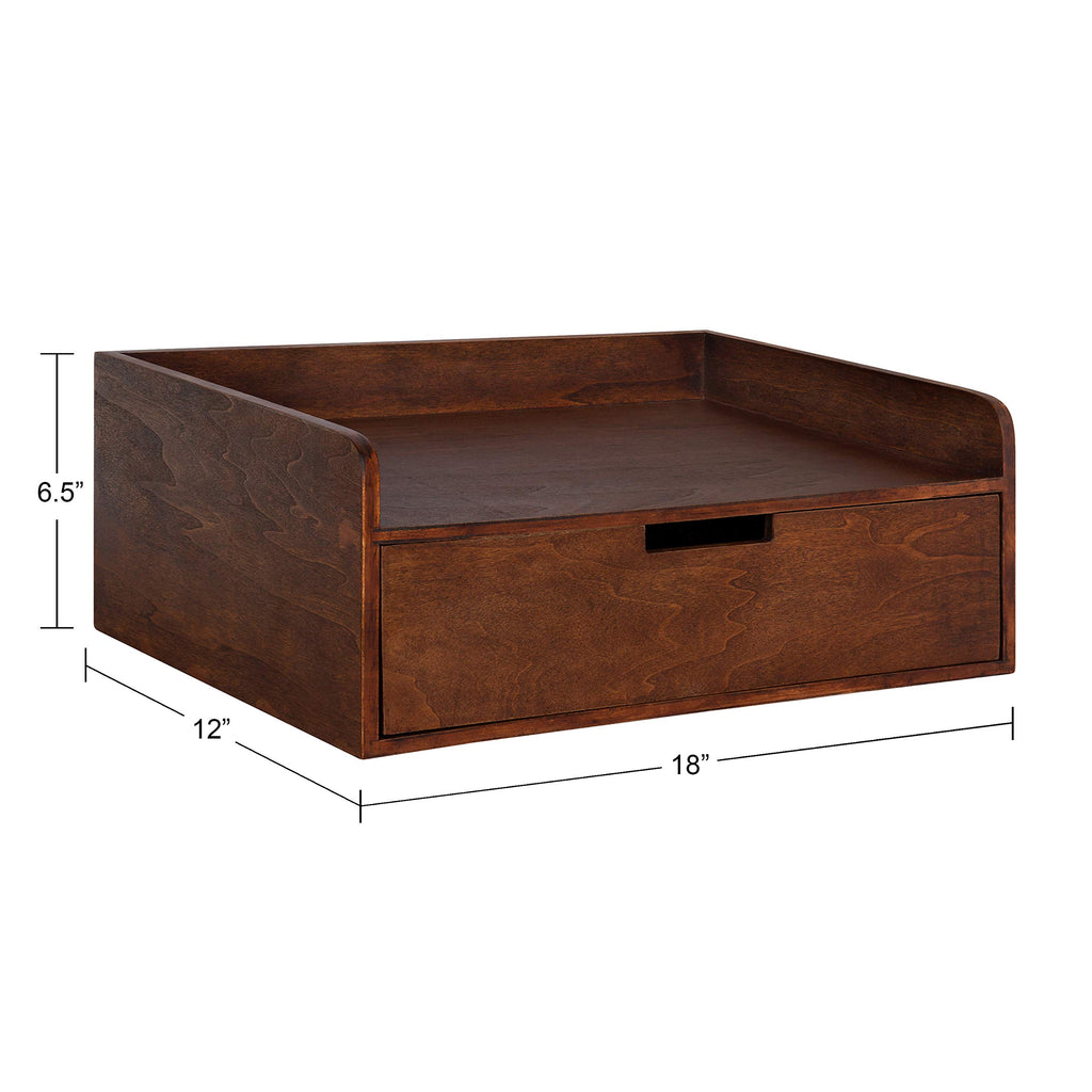 Kitt Modern Floating Wall Shelf Side Table with Drawer, 18" x 12" x 6.5", Walnut