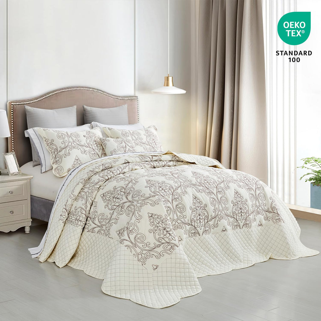 128x120 Extra Wide - Lightweight Bedding Cover - Beautiful Stitching - 5 Piece Reversible Bedspread - Luxury Damask