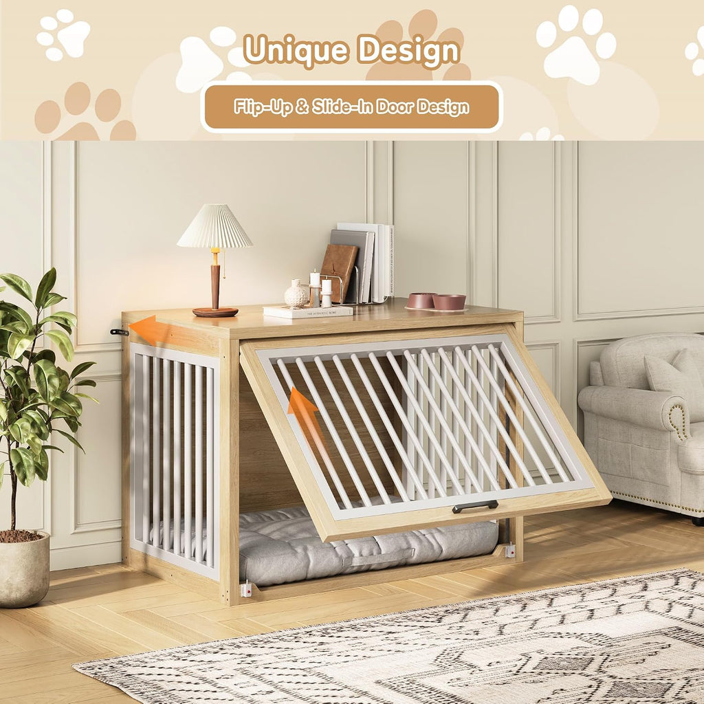 Dog Crate Furniture - 42'' Wooden Dog Kennel for Large Dogs up to 80 lb, Large Dog Crate with Hidden Sliding Door