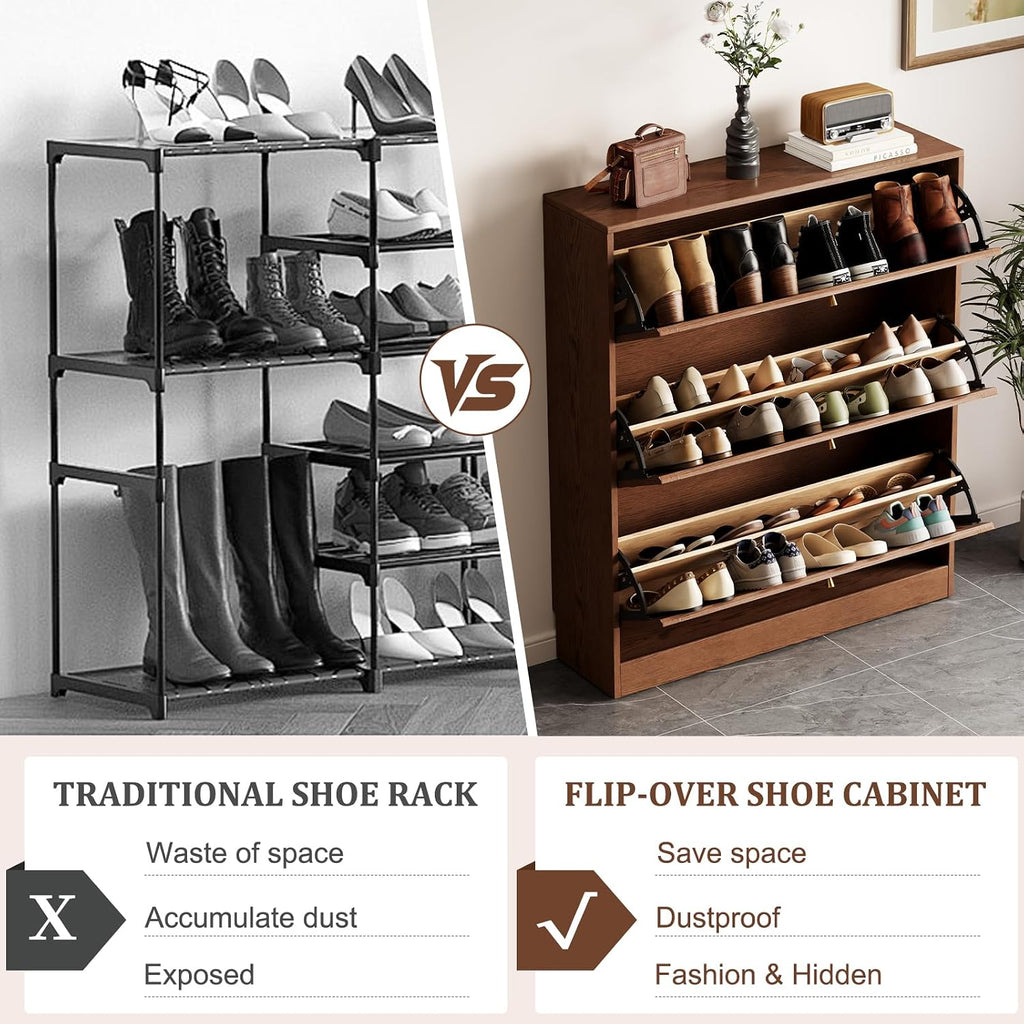 Soild Wood Shoe Storage Cabinet with 3 Flip Drawers ,Narrow Shoe Rack Cabinet with Adjustable Shelves 38 W, Morden