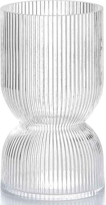 7.5 inch Vase for Flowers, Clear Ribbed Thickened Glass Vases, Hourglass Bud Flower Vase for Bookshelf, Dinner Table