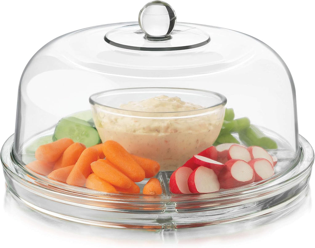 Selene 6-in-1 Domed Cake Stand, Unique Space Saving Glass Cake Stand with Dome, Multi-Purpose Dip Bowl To Serve - Set of 2