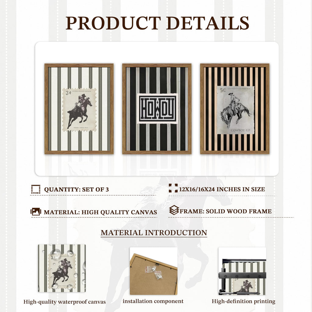 Framed Vintage Western Cowboy Wall Art Set of 3, Retro Cowboy Stamp and Stripe Prints, Classic Mid Century Riding