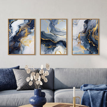 Abstract Navy Blue Framed Canvas Wall Art, Modern Gold Geometric Wall Decor, Vintage Ink Wash Painting, Neutral White
