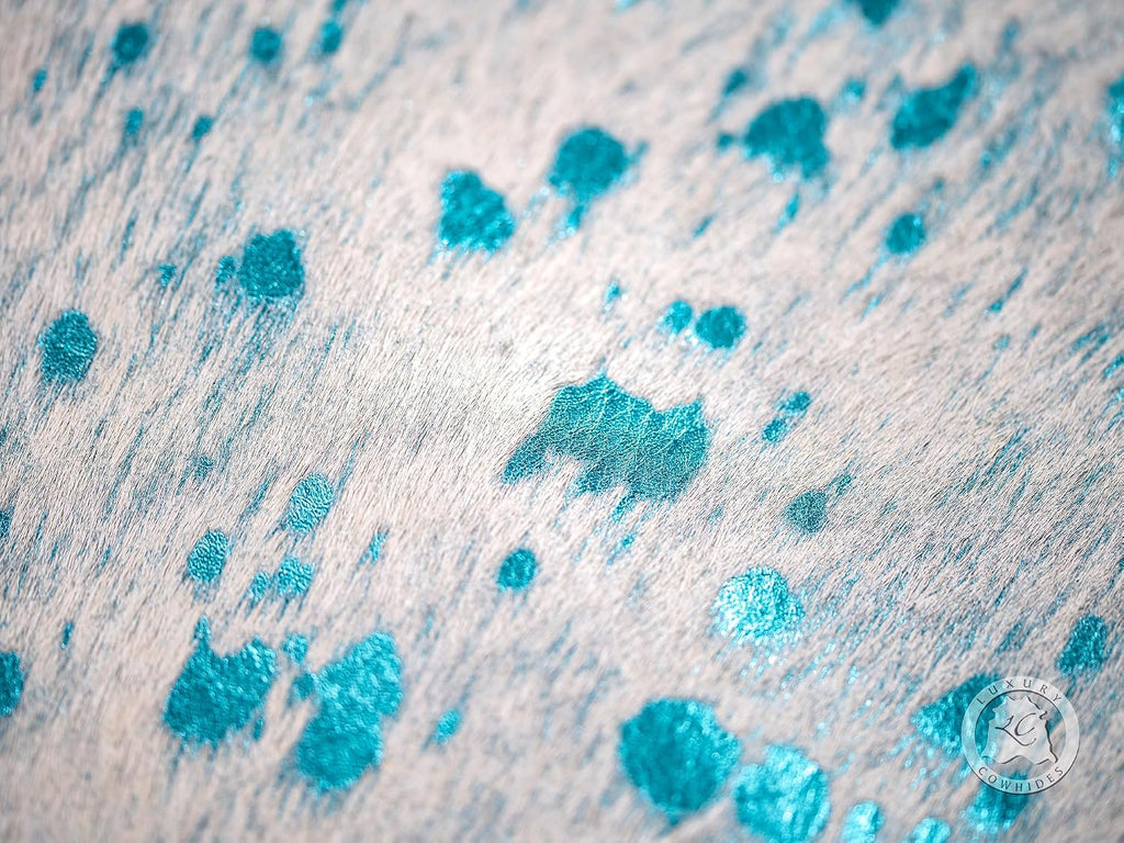 100% Genuine Metallic Blue Turquoise on Off White Cowhide Rug - Modern Style Animal Skin Rug & Floor Carpet & More