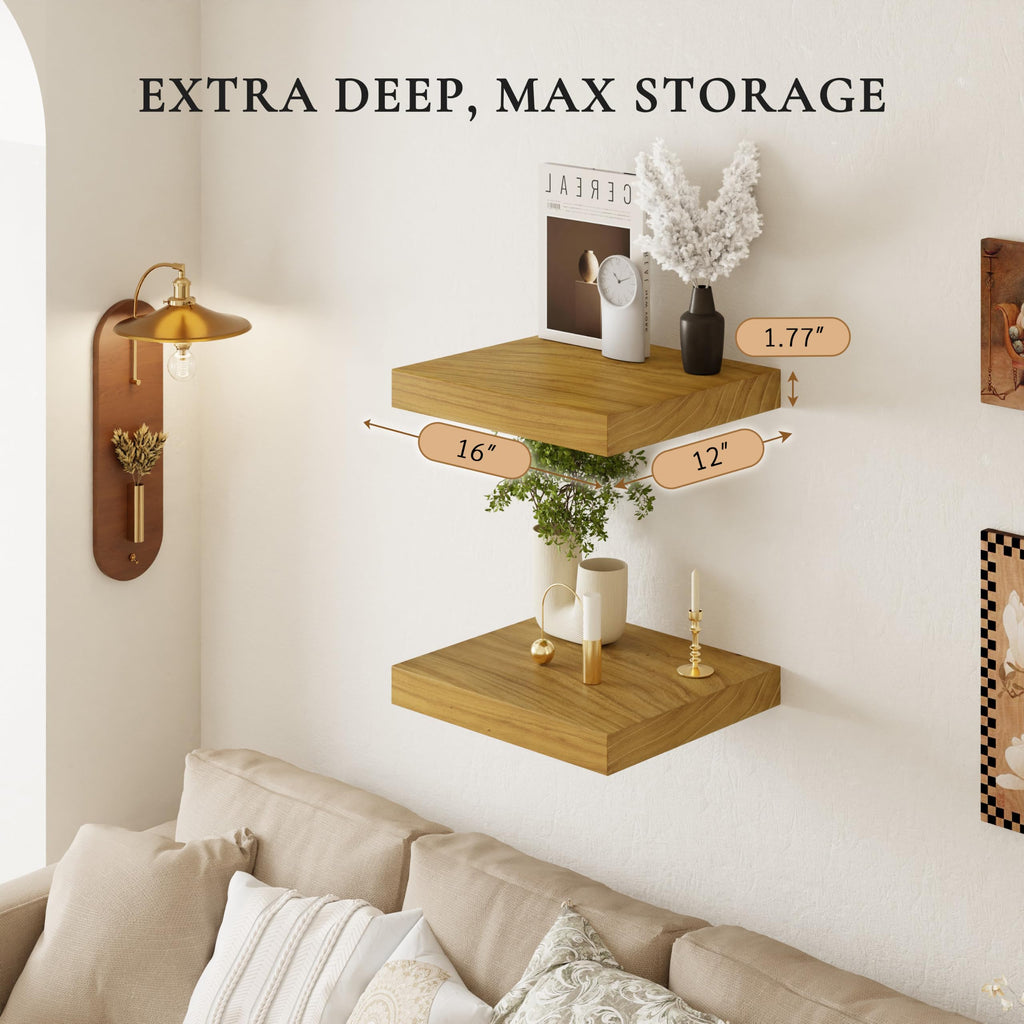 16 Inch Extra Deep Floating Shelves Set of 2-12" Wide Solid Paulownia Wood Wall Mounted Shelves, Natural Wood Finish