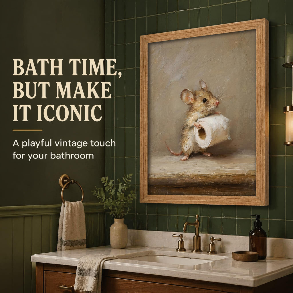 Framed Whimsical Textures Mouse Wall Art Funny Bathroom Wall Decor Cute Animal Painting Picture Neutral Beige Rustic