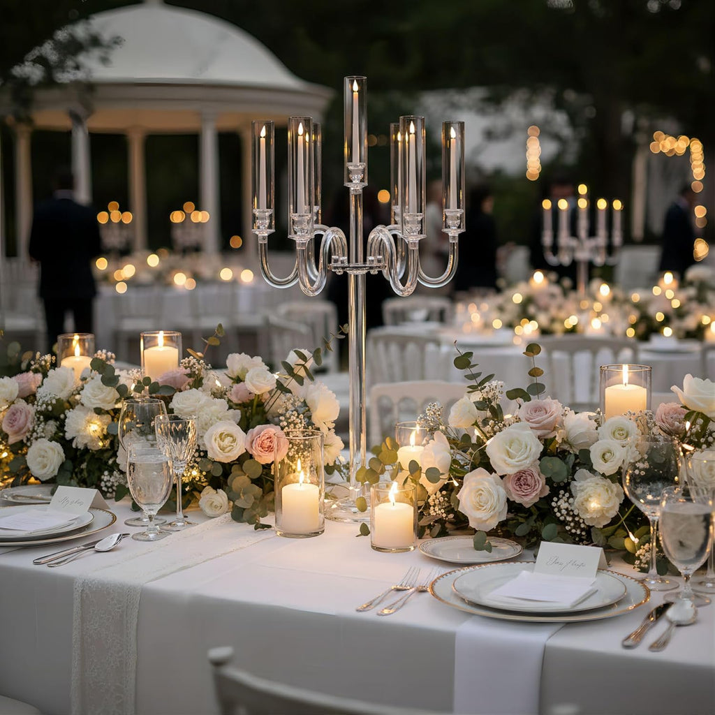 6 Arm Acrylic Candle Holder for Tables, Acrylic Candelabra Centerpieces for Taper LED Candles, 37.4 in Tall