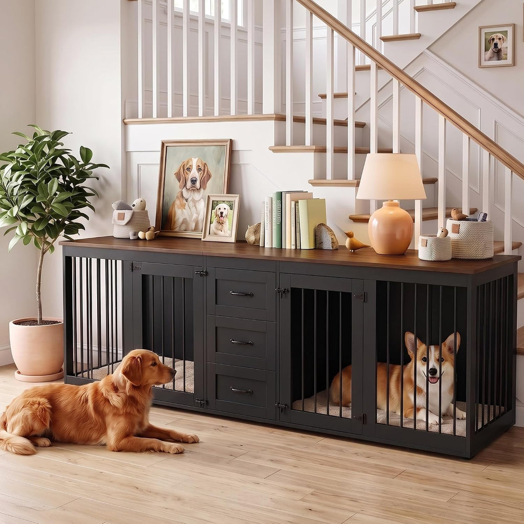 Double Dog Crate Furniture with 3 Drawers, Dog Kennel Indoor