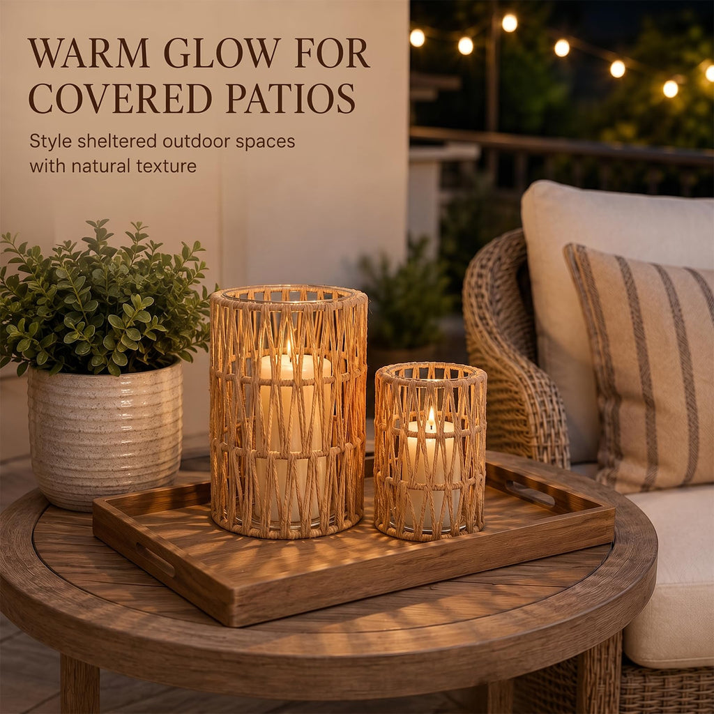 Rattan Candle Lantern Set of 2, Handwoven Boho Lanterns Decorative